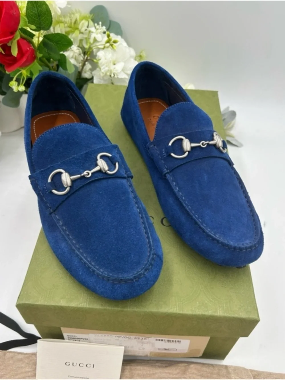 Gucci horse bit blue suede loafers size 7 fits 8 US made in Italy